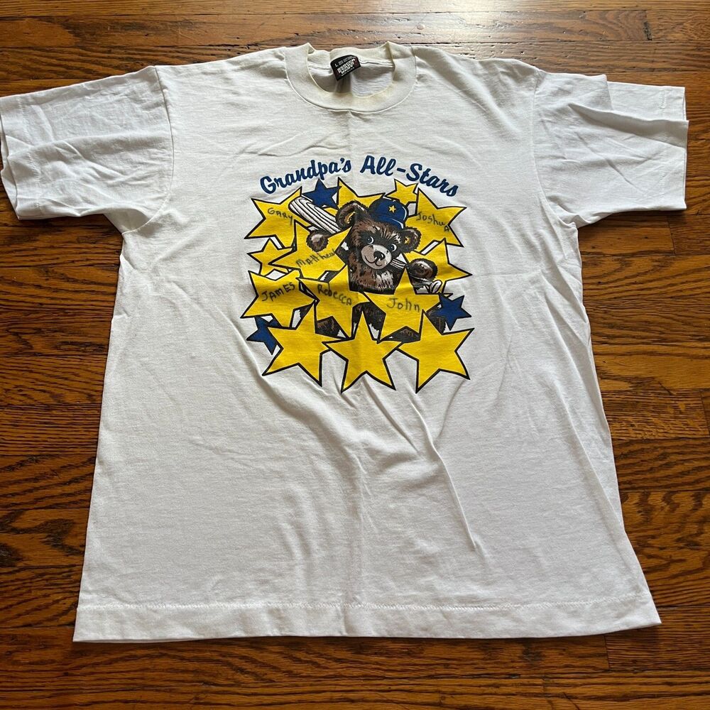 Vintage 90s Screenstars Grandpa Bear White T-Shirt Lrg Single Stitch Made In USA